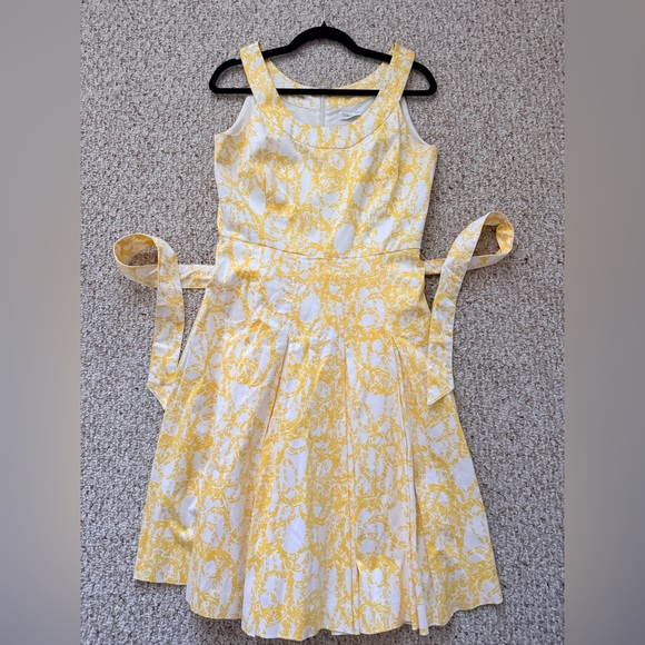 Calvin Klein Yellow Fit & Flare Dress Tie Waist Wedding Guest Banquet S 6 (Est) - Picture 7 of 10